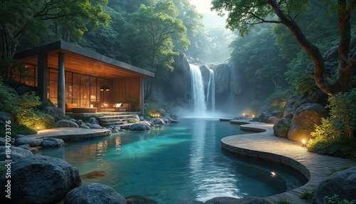 Modern wood building near waterfall pool. Relaxing spa resort with natural stone baths. Rich green forest surrounds tranquil water feature. Peaceful ambiance day and night.