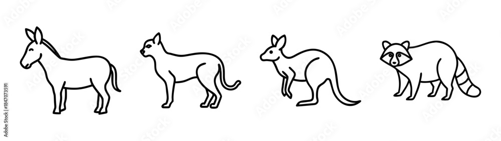 Fototapeta premium A collection of different animal line art drawings featuring a donkey, cat, kangaroo, and raccoon