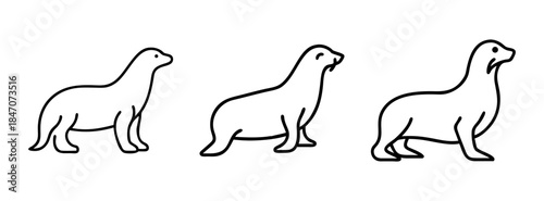Three simple outline drawings of sea lions in a row, isolated on a white background