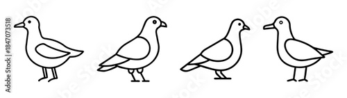 A simple black and white line art illustration featuring four cute cartoon birds standing side by side