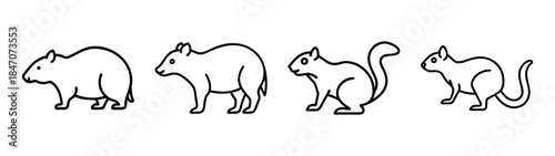 Line art illustration featuring four small rodents including a squirrel and a mouse