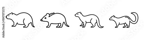 Minimalist line art illustration of four different small mammals side by side