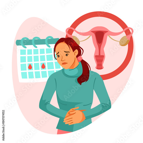 Sad woman holding stomach in pain, uterus diagram and calendar with blood drops behind her, flat style, on white background. Concept of menstruation. Vector illustration