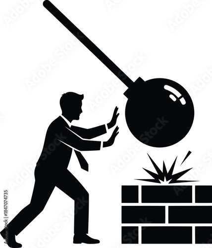 Man swinging sledgehammer at brick wall isolated on white background, Vector