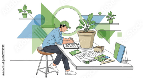 Creative architectural designer works at a white table, surrounded by plants and geometric shapes
