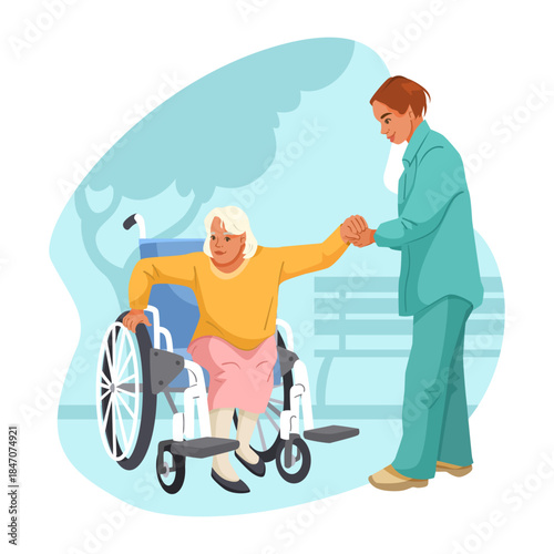 Elderly woman assisted by caregiver getting up from wheelchair in park setting, flat design style on light blue background. Concept of elderly care. Vector illustration
