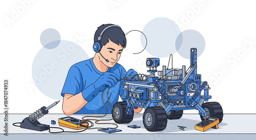 Dedicated engineer meticulously repairs a complex robotic rover with precision instruments and