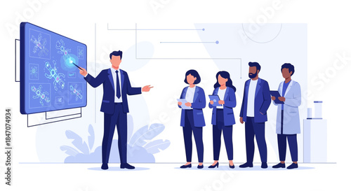 Diverse team review innovative technologies with a display of robotic prototypes and technical