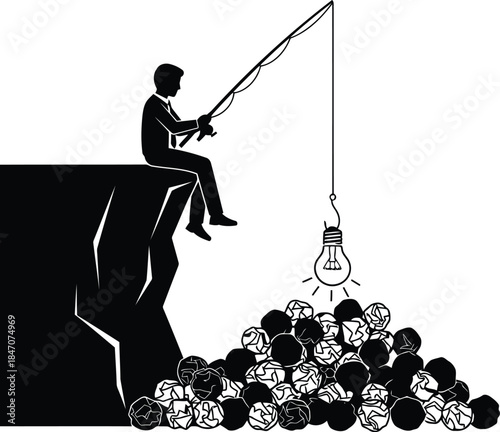 Man fishing for ideas isolated on white background, Vector