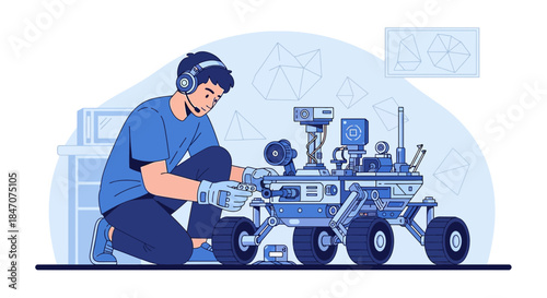 Engineering innovation: Young engineer meticulously working on a sophisticated planetary rover