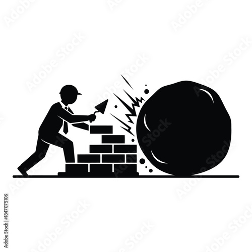 Worker defending brick wall from rolling boulder isolated on white background, Vector