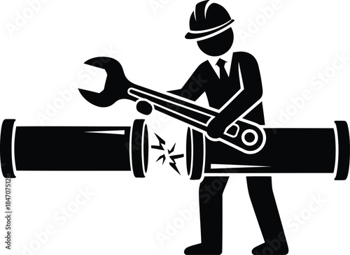 Engineer fixing industrial pipe isolated on white background, Vector