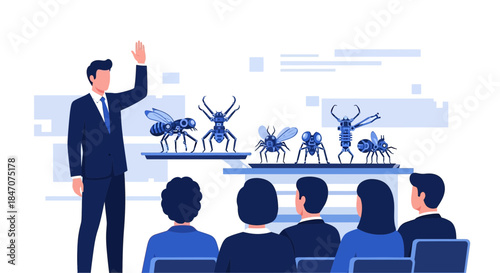 Entomology showcase presentation with robotic insects and observing public audience