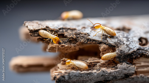 Magnified termite infestation on wood, heavily defocused background, serious pest control challenges visualization, showing destructive nature, potential damage to property structu