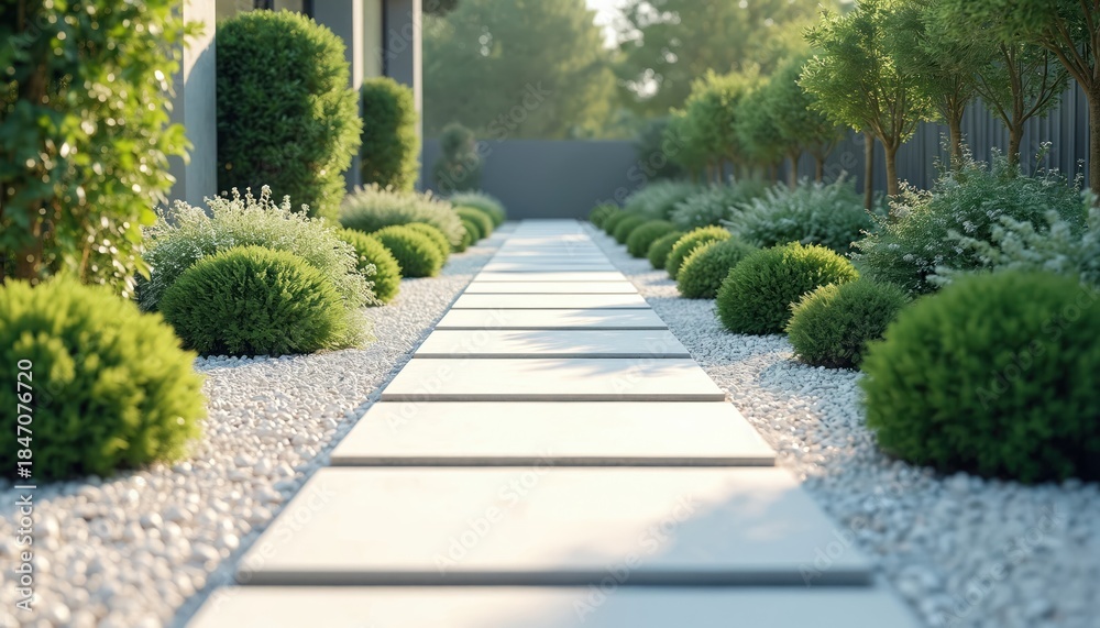 Obraz premium Modern garden path made of light concrete slabs and white gravel. Symmetrically trimmed green shrubs and trees line walkway leading to house. Lush foliage creates peaceful, clean look.