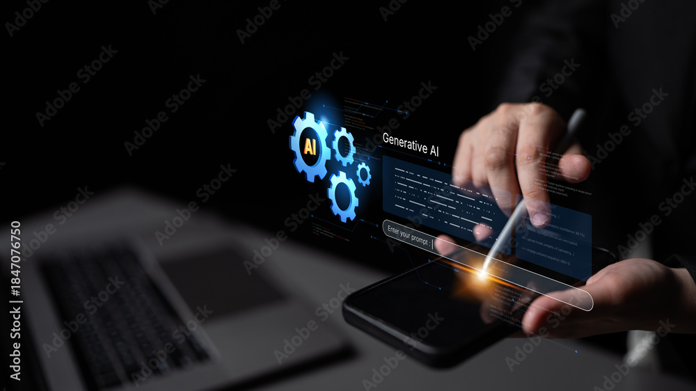 Fototapeta premium A futuristic concept of an enterprise Artificial Intelligence platform. This system uses machine learning for business automation, data analysis, and powering generative solutions. Fermion