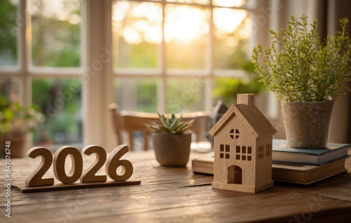 Wooden numbers 2026 and small house model on table with window light background