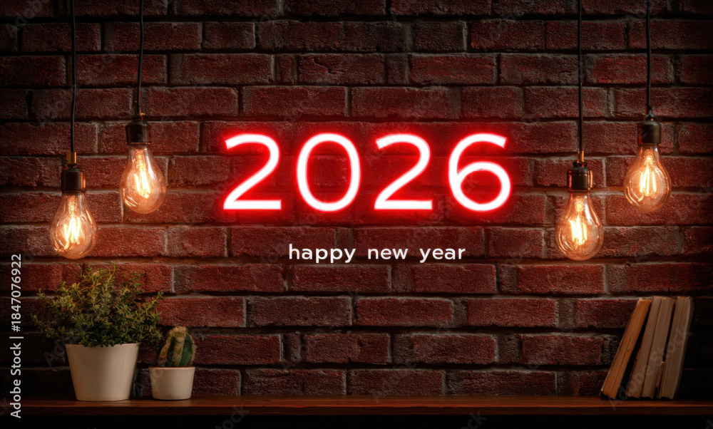 Obraz premium Happy new year 2026 neon sign on brick wall with bulbs and plants