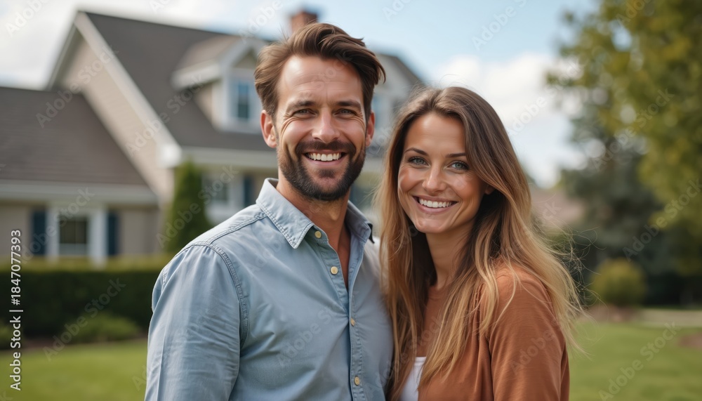 Fototapeta premium Happy couple smiles in front of their new house. This adult pair enjoys home ownership and a beautiful outdoor setting. They represent affection and a loving relationship, embodying lifestyle goals.