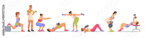 Group of women performing various dumbbell workouts in fitness attire, flat graphic style, white background. Concept of gym fitness training. Vector illustration