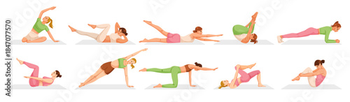 Set of women performing pilates exercises in different poses, flat graphic style, on white background. Concept of fitness and healthy lifestyle. Vector illustration