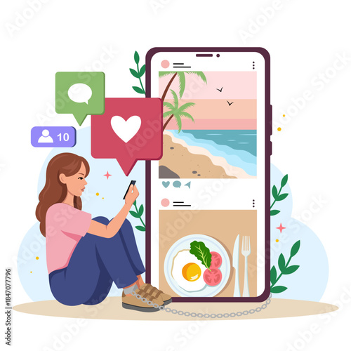Young woman sitting on ground using phone, oversized smartphone screen showing social media posts, flat style on white background. Concept of smartphone addiction. Vector illustration