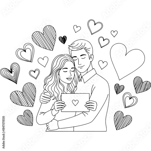 Couple embraced surrounded by hearts, sharing a moment Vector