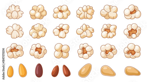 Cartoon Popcorn Shapes Vector Set with Film and TV Snack Illustrations, Cinema Fun Food in Various Popping Corn Forms Isolated on White