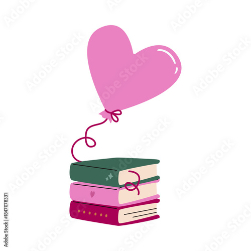 Heart-shaped balloon tied to a stack of books. Valentine's Day gift. 