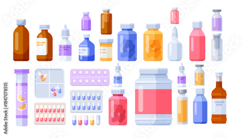 Assorted medical bottles, capsules, tablets, and droppers shown in flat style on a white backdrop. Concept of healthcare and pharmacy. Vector illustration