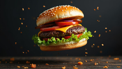 Juicy hamburger with fresh lettuce, tomato, cheese, onion, and beef patty suspended mid-air. Delicious fast food item drifts against dark backdrop with scattered crumbs.