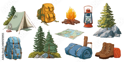 showcases a variety of essential camping gear laid out against a natural backdrop.