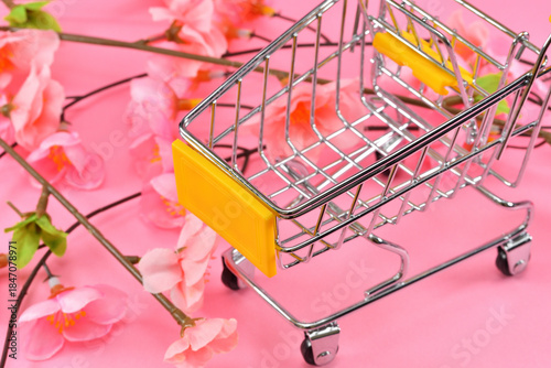 カートと桜で新生活の買い物のイメージ