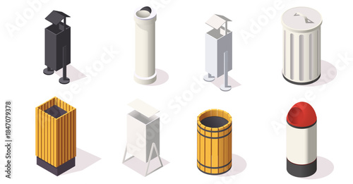 Isometric set of different outdoor trash cans, urban garbage containers in various shapes and colors on white background. Waste management concept. Vector illustration