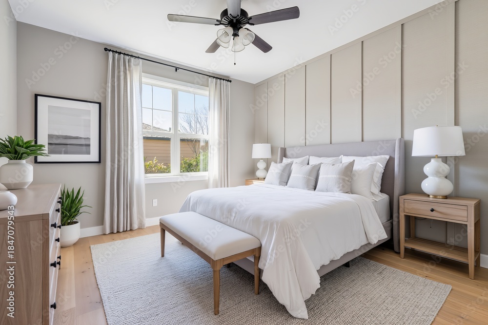 Fototapeta premium interior of a bedroom with a bed in the color of 2026 cloud dancer 