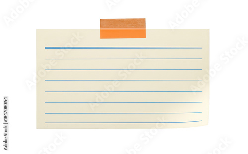 Lined index card taped at the top with blank ruled paper isolated for handwriting notes and checklist copy, stationery memo layout for business messaging and classroom flashcard text