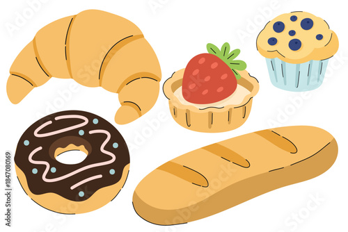  Breakfast Bakery illustration set — baked goods with croissant, chocolate donut, strawberry tart, blueberry muffin, and loaf of bread. Food set suitable for bakery branding, café menus.