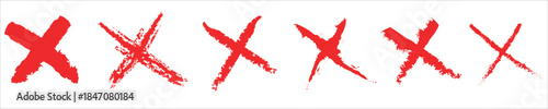 Set of Six Hand-Drawn Red Grunge Cross Marks. Various Scribbled and Brush Stroke X Icons, Vector Collection of Rejection, Delete, or Correction Symbols EPS 10
