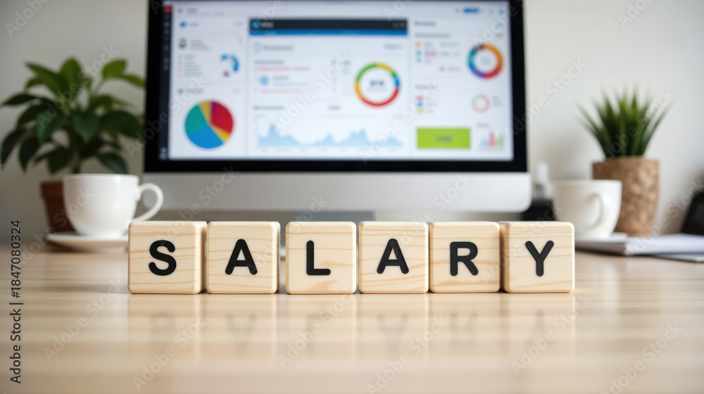 Fototapeta premium Payroll salary budgeting shown with letter blocks on a desk in front of an analytics dashboard, supporting compensation planning, wage benchmarking and finance reporting for management