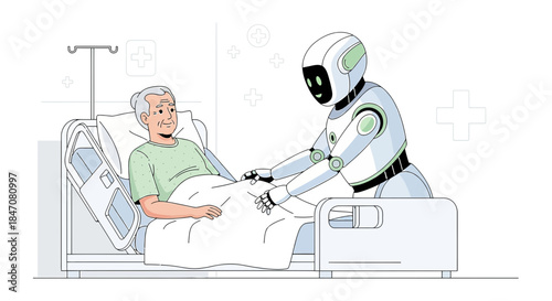 Future healthcare concept: elderly patient assisted by a friendly robot in hospital bed for