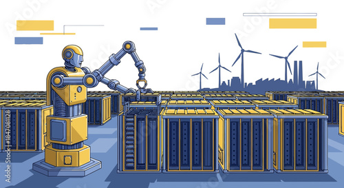 Futuristic automated factory with robot, assembly line, wind turbines, depicting automation and