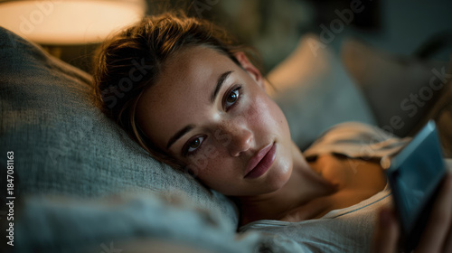 Young woman relaxing in bed at night with a smartphone. Close-up portrait of a person browsing social media before sleep in a cozy home environment