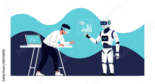 Futuristic collaboration between human and robot analyzing business data and growth trends using