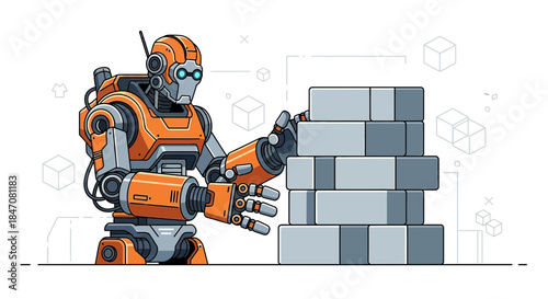 Futuristic automation the robot building a structure with blocks in a technological scenario