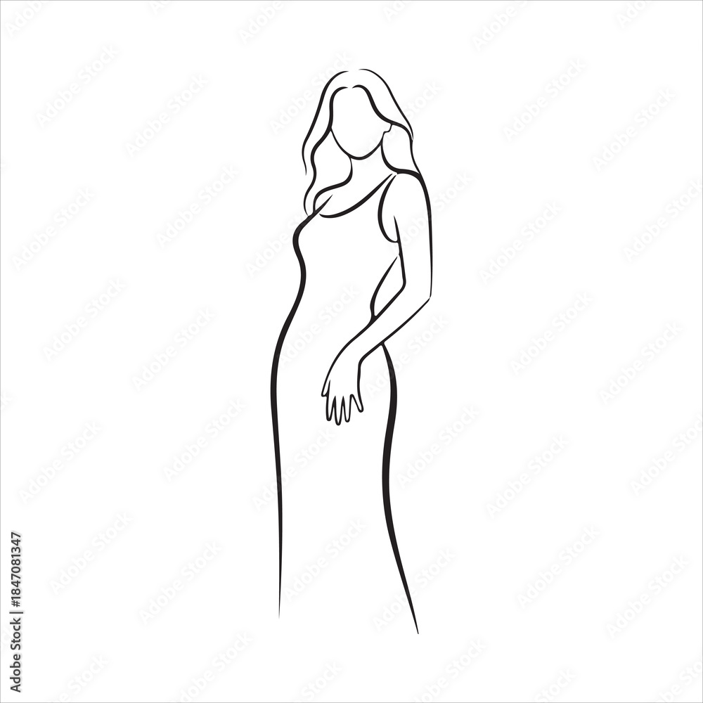 Fototapeta premium Elegant standing woman minimal line art — modern female silhouette vector