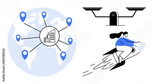 Business networks, advanced technology, security systems, innovation, global reach, futuristic mobility. A global network, a security camera and a person on a futuristic vehicle. Business networks
