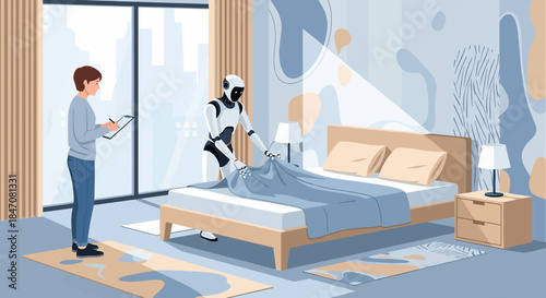 Futuristic domesticity a robot making bed under human supervision in bedroom interior
