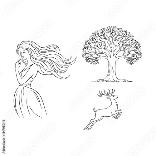 Woman with flowing hair and tree — poetic nature portrait line vector