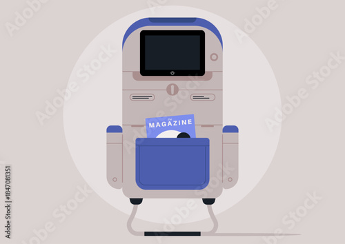 Relaxation is at hand with this stylish airplane seat seen from the back featuring a screen for entertainment and a pocket for magazines, perfect for long flights and passenger enjoyment