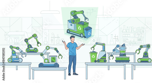 Futuristic factory featuring a man surrounded by recycling robots in advanced setting